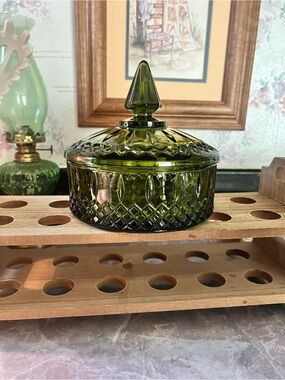 Vintage Indiana Glass candy dish in the Princess pattern and avocado green